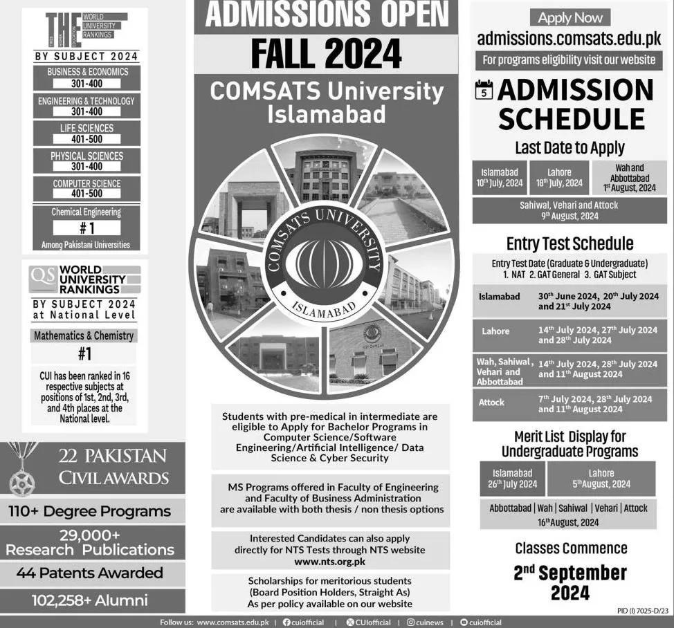 COMSATS University Abbottabad New Admissions Open Fall 2024